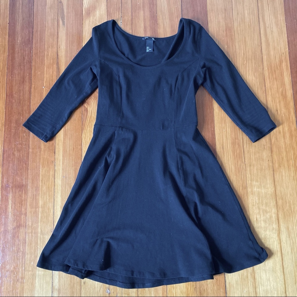 H&M Scoop Neck 3/4 Sleeve A-line Dress - Black